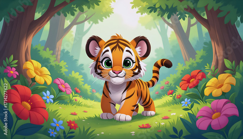 Wallpaper Mural Cartoon tiger cub in jungle with copyspace, educational predator wildlife illustration for kids book Torontodigital.ca
