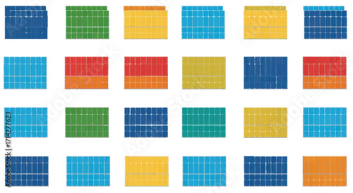Colorful Solar Panels Arrayed in a Grid Pattern.