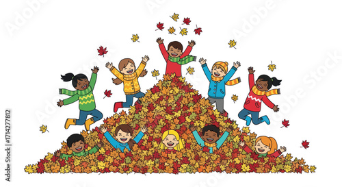 Joyful children jumping and playing in a large pile of autumn leaves.