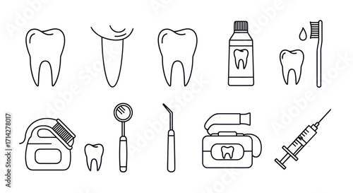 Dental Care Icons: Teeth Tools and Hygiene Products.