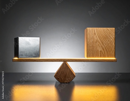 Wooden balance scale with metal and wood cubes, symbolizing contrast and comparison