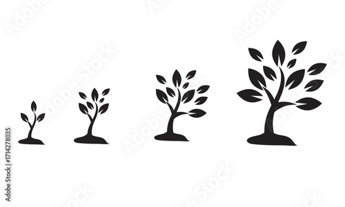 Plant growth stages in flower pots illustration. Four potted plants showing different growth stages, symbolizing development, progress, evolution, and natural growth over time.
