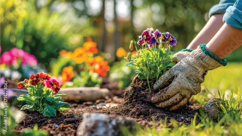 A woman in gardening gloves is planting flowers into the ground, with dirt and rocks visible, surrounded by vibrant green grass and colorful flower beds under bright sunlight.