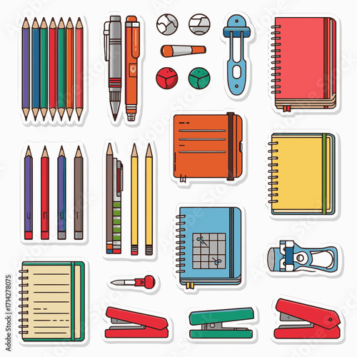 A set of cute stationery stickers in vector format with solid colors and white background, featuring pens, notebooks, and office supplies