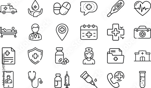 Healthcare and Medical Line Icons Set – Ambulance, Pills, Doctor, Nurse, Hospital, First Aid, Medicine, Stethoscope, Injection, Test Tube, Telemedicine, Health Insurance and Pharmacy Vector