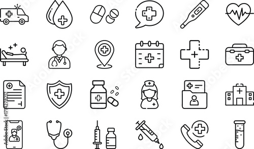 Healthcare and Medical Line Icons Set – Ambulance, Pills, Doctor, Nurse, Hospital, First Aid, Medicine, Stethoscope, Injection, Test Tube, Telemedicine, Health Insurance and Pharmacy Vector
