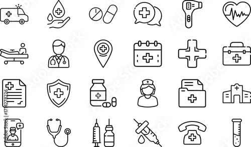 Healthcare and Medical Line Icons Set – Ambulance, Pills, Doctor, Nurse, Hospital, First Aid, Medicine, Stethoscope, Injection, Test Tube, Telemedicine, Health Insurance and Pharmacy Vector