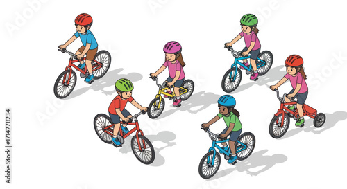 Cartoon children riding colorful bicycles with helmets.
