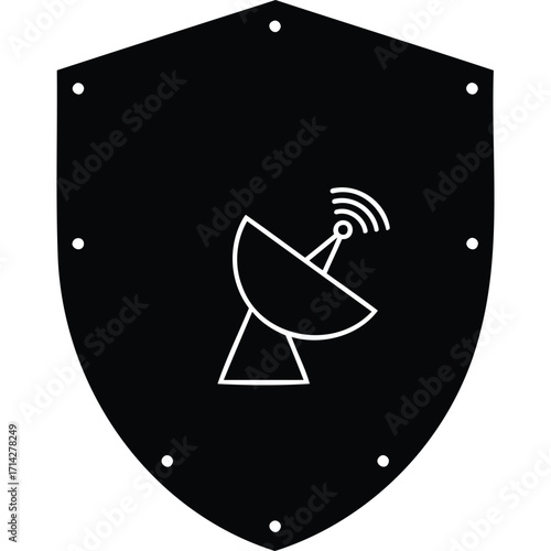 A black shield with a white satellite dish icon centered on it representing secure communication systems