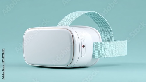 A white virtual reality headset with a blue strap