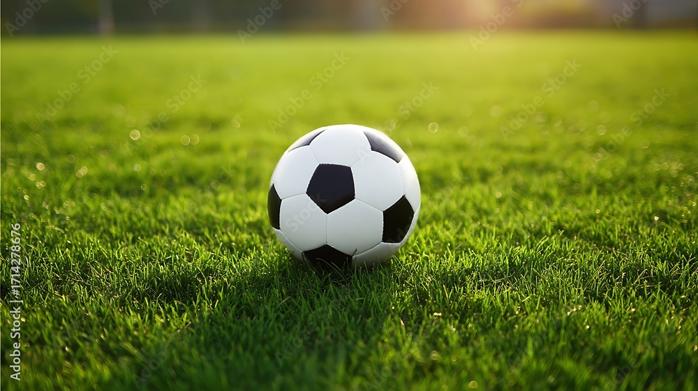 Fototapeta premium Soccer ball on the green grass field in the stadium with sunlight flare