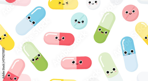 Colorful Cartoon Pills and Capsules with Smiling Faces.