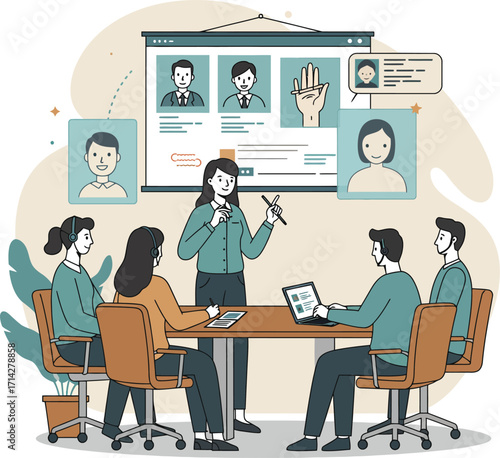 Team meeting with hybrid work setup. Office workers in a conference room using video call with remote participants. Presentation on screen, collaborative discussion, and digital communication. Clean, 