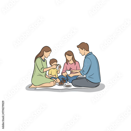 Happy family with two kids enjoying a picnic outdoors