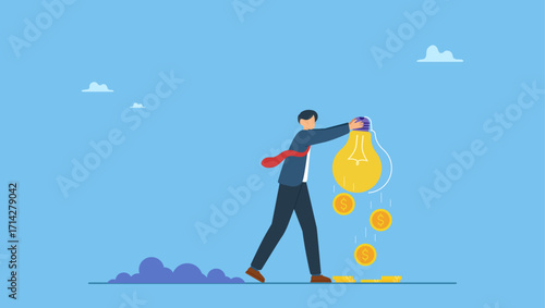 Dollar money coins falling from businessman hand shaking the lamp or lightbulb idea. Idea to make money, financial innovation or business or investment ideas, earning or profit from creativity.