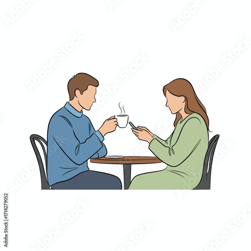 Couple in a cafe ignoring each other while using their mobile phones