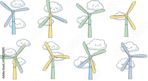 Cartoon Wind Turbines with Colorful Blades and Clouds.