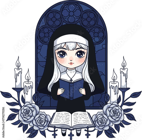 Cute chibi nun reading a book in front of a stained glass window. Surrounded by candles, roses, and an open prayer book on a stand. Soft blue tones, serene expression, and religious atmosphere in kawa
