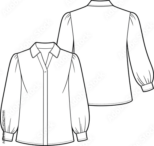 Long sleeve puff blouse front and back, fashion flat sketch, button down shirt with collar, vector cad apparel drawing illustration
