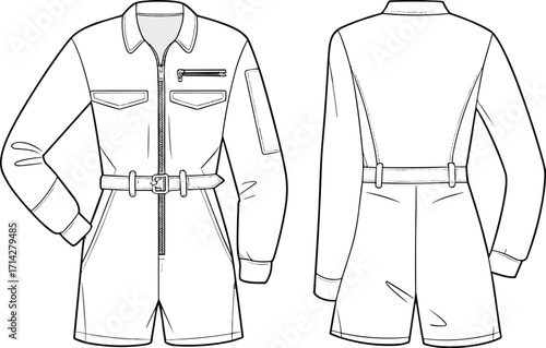 Long sleeve utility romper, front zipper, chest pockets, belted waist, technical cad sketch, flat vector, fashion apparel design illustration
