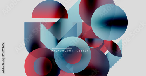 Abstract geometric shapes overlap. Red, blue hues dominate design. Modern aesthetic, clean lines create visual interest. Minimalist composition.
