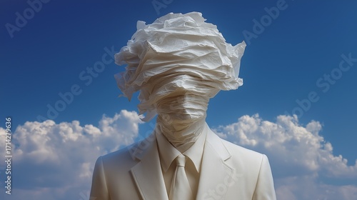 A man with a white-painted face and crumpled paper covering his eyes stands in a suit against a bright blue sky with white clouds
