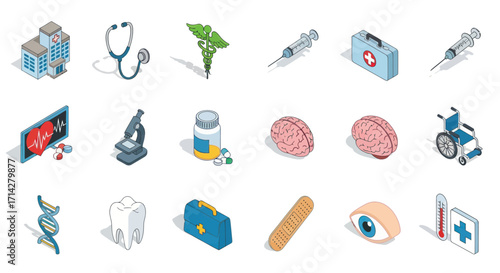 Collection of Medical and Healthcare Isometric Icons.