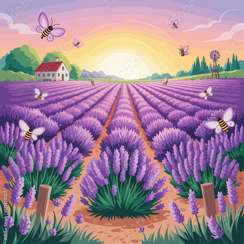 Beautiful lavender field with butterflies at sunset, peaceful rural landscape