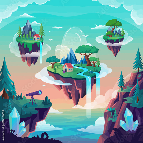 Magical floating islands with cozy houses and waterfalls in dreamy fantasy land