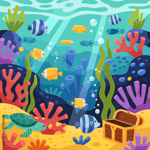 Vibrant underwater world teeming with sea life and hidden treasure chest scene