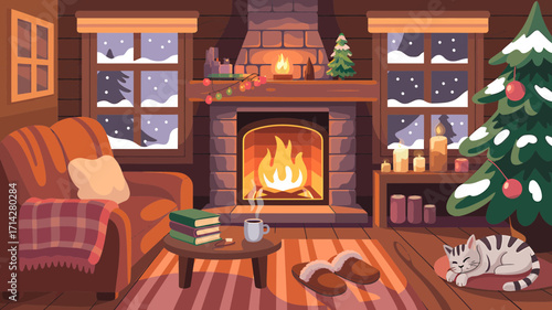 Cozy winter cabin scene with roaring fireplace, armchair, and sleeping cat