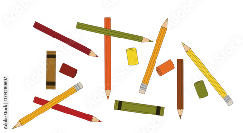 Assorted Colorful Pencils and Erasers Scattered on White.