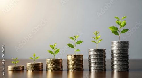 Concept of financial growth and investment with green plants growing on increasing stacks of coins