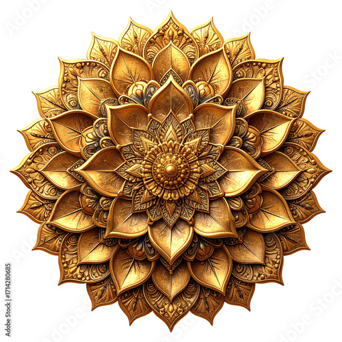 Intricate Golden Mandala Blossom with Detailed Petals A Symbol of Enlightenment and Spiritual Harmony Isolated on transparent background