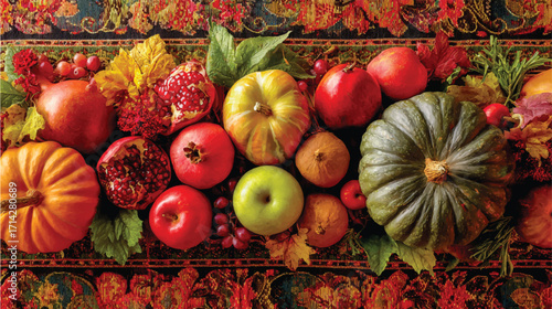 autumn harvest vegetables and fruits arranged on thanksgiving table runner