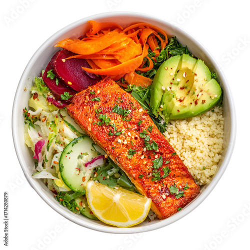 Healthy salmon and vegetable bowl with quinoa isolated on transparent background