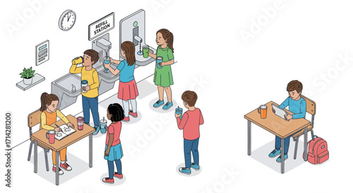 Children Interacting in a School Environment Drinking Water and Working.