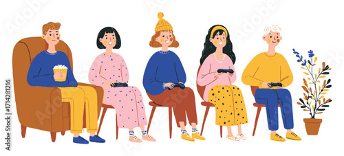 Group of Friends Enjoying Movie Night with Snacks and Drinks in Cozy Setting