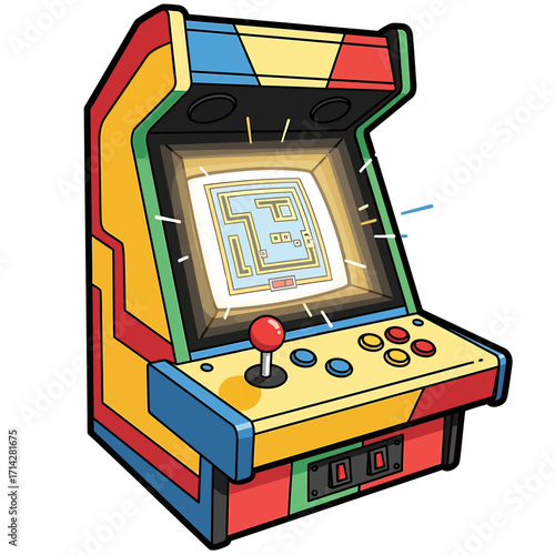 Colorful arcade machine illustration displaying a retro maze game, joystick, and buttons.