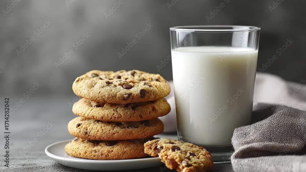 Stack of chocolate chip cookies on a plate beside a glass of milk with a linen napkin in the background