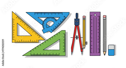 Colorful Geometry Set: Rulers Triangles Compass Pencils and Eraser for Math and Drafting.