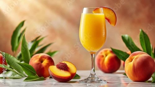 A refreshing Bellini cocktail in a tall glass garnished with a peach slice. Fresh peaches surround the glass on a marble surface with green leaves.