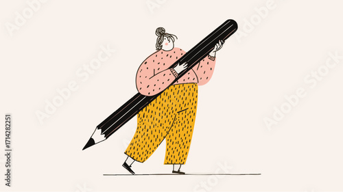 Cartoon doodle of a woman carrying an oversized pencil symbolizing creativity, learning and education