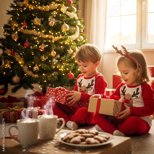 Children unwrap presents joyfully by a decorated Christmas tree in a cozy living room during the holiday season
