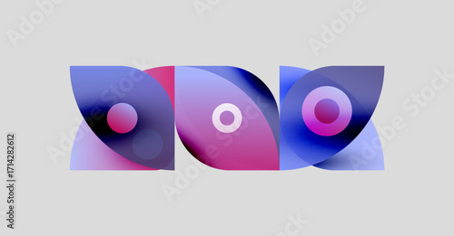 Abstract shapes, vibrant colors, flowing forms. Composition features curves, circles, gradients, modern design elements.