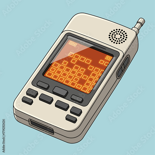 Retro beige mobile phone with a pixelated game display, showcasing vintage technology.