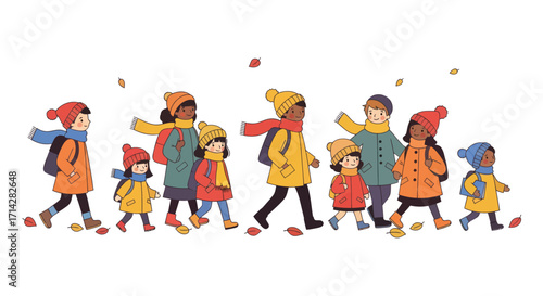 Group of Children Walking in Autumnal Clothing.