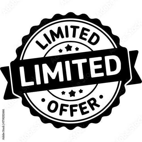 Limited Offer Badge: A bold, black and white badge featuring the words LIMITED OFFER in a striking design, ideal for conveying a sense of urgency and exclusive promotions.