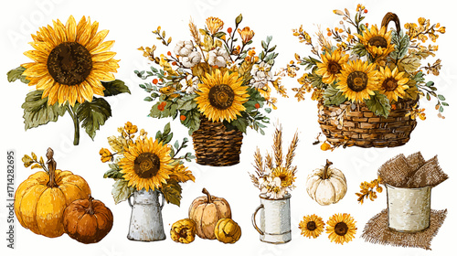 Victor cartoon clipart vintage fall captures cozy autumn harvest theme clipart, featuring small fall flowers, bright sunflowers, burlap textures, shabby chic style, elegant seasonal accents, isolated 