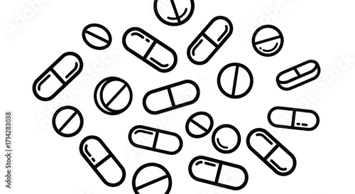 A collection of various white pills and capsules illustrated in a simple line art style.